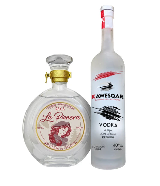 Dúo Rakia Destilado de Cerezas La Pionera y Vodka de papas Kawesqar Premium